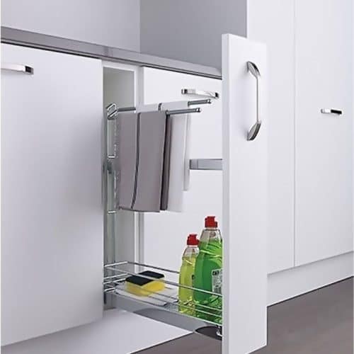 Ảnh thực tế bộ rổ kéo có thanh treo khăn cho tủ bếp dưới Hafele 545.61.063