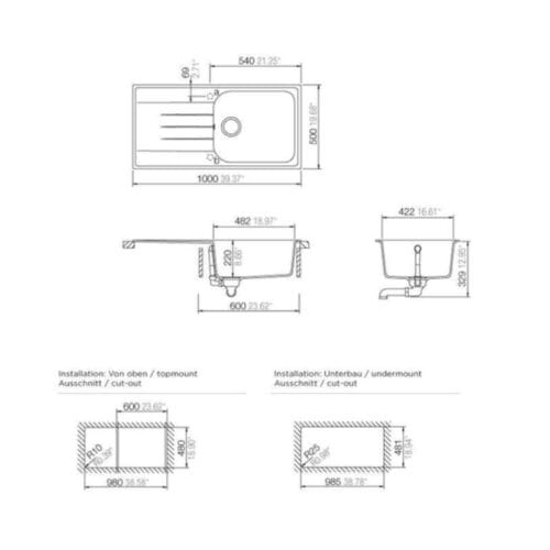 Chậu rửa bát Hafele Julius HS-GSD10050 570.36.450 4 thông số kỹ thuật của Chậu đá Hafele Julius HS-GSD10050 570.36.450