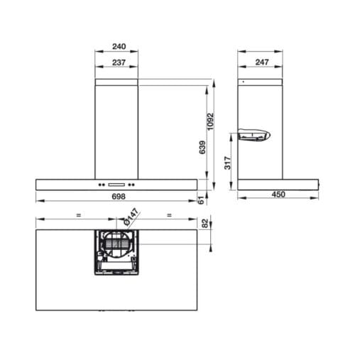 Kích thước Máy hút khử mùi gắn tường thẳng Hafele HH WI70B 539.81.168