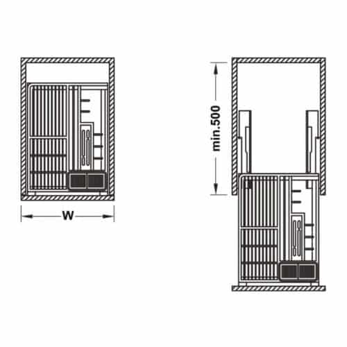 Kích thước bộ rổ kéo đa năng cho tủ dưới Rome Hafele 549.34.055, rộng 400