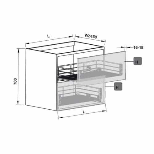 Kích thước bộ rổ kéo gắn với cánh Hafele 549.03.144 cho tủ rộng 600mm