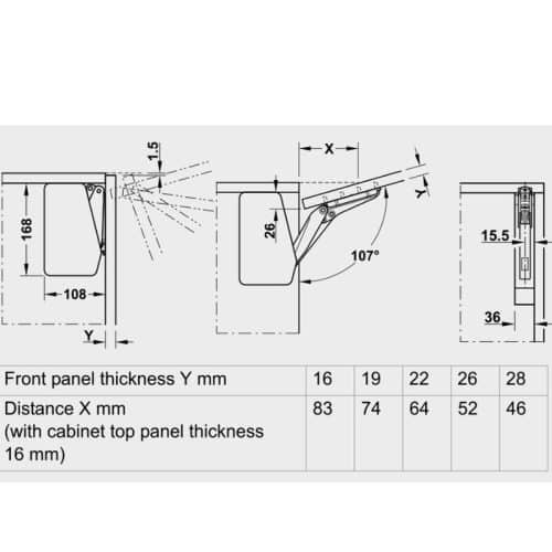 Bộ tay nâng FREE FLAP 1.7 Hafele 493.05.820 nắp trắng 9 Kích thước bộ tay nâng FREE FLAP 1.7 Hafele 493.05.820 nắp trắng