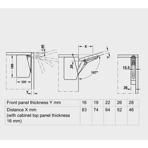 Bộ tay nâng FREE FLAP 3.15 Hafele 493.05.860 nắp xám 7 Kích thước bộ tay nâng FREE FLAP 3.15 Hafele 493.05.860 nắp xám