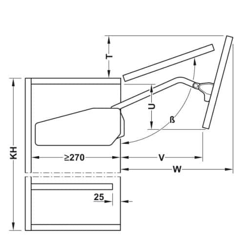 Bộ tay nâng FREE FOLD SHORT Hafele 493.05.739, xám 5 Kích thước bộ tay nâng FREE FOLD SHORT Hafele 493.05.739, xám