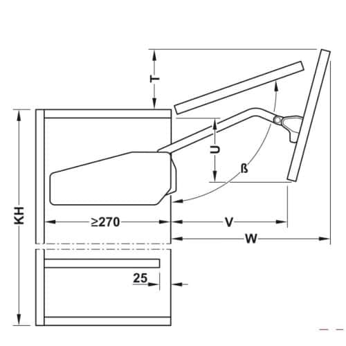 Bộ tay nâng FREE FOLD SHORT Hafele 493.05.899, trắng 4 Kích thước bộ tay nâng FREE FOLD SHORT Hafele 493.05.899, trắng