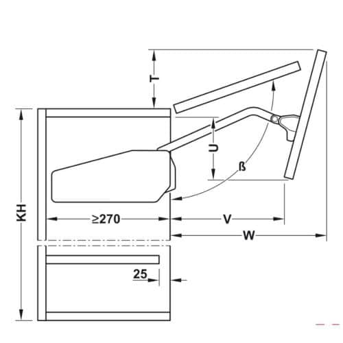 Bộ tay nâng FREE FOLD SHORT Hafele 493.05.901, trắng 6 Kích thước bộ tay nâng FREE FOLD SHORT Hafele 493.05.901, trắng