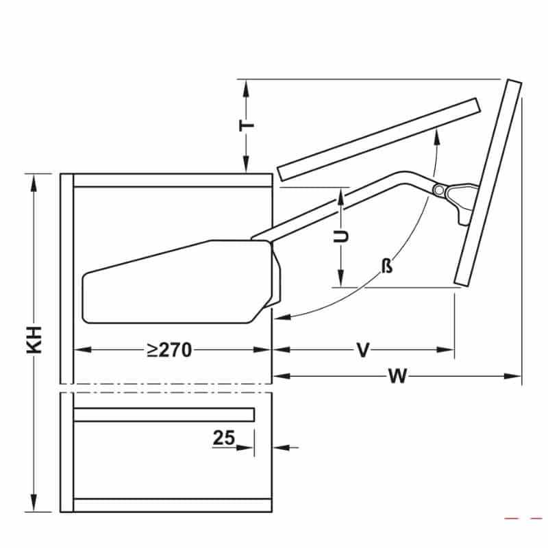 Kích thước bộ tay nâng FREE FOLD SHORT Hafele 493.05.901, trắng Kích thước bộ tay nâng FREE FOLD SHORT Hafele 493.05.901, trắng