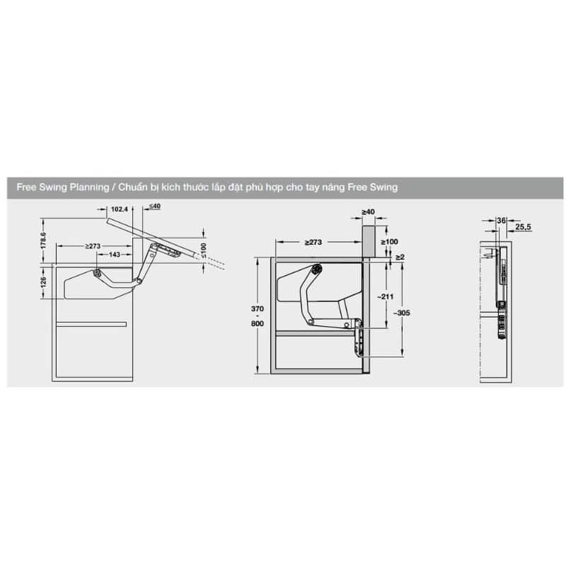 Kích thước bộ tay nâng FREE SWING Hafele 493.05.763, trắng Kích thước bộ tay nâng FREE SWING Hafele 493.05.763, trắng