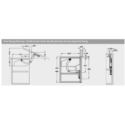 Kích thước bộ tay nâng FREE SWING Hafele 493.05.770, đen