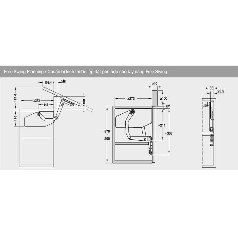 Kích thước bộ tay nâng FREE SWING Hafele 493.05.774, đen Kích thước bộ tay nâng FREE SWING Hafele 493.05.774, đen