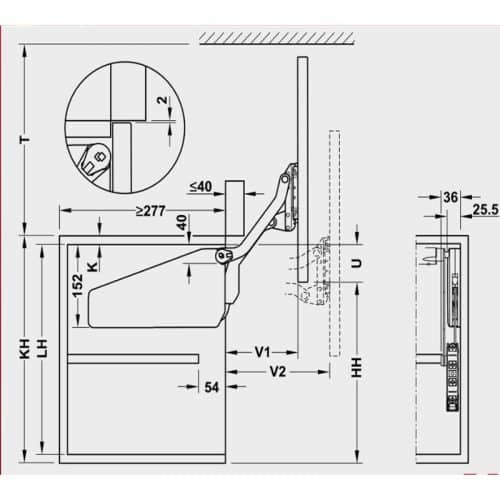 Bộ tay nâng FREE UP Hafele 493.05.790 nắp trắng 6 Kích thước bộ tay nâng FREE UP Hafele 493.05.790 nắp trắng