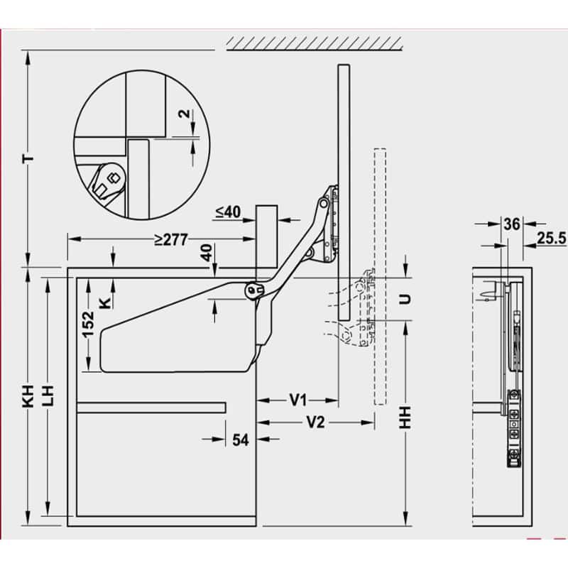 Kích thước bộ tay nâng FREE UP Hafele 493.05.790 nắp trắng Kích thước bộ tay nâng FREE UP Hafele 493.05.790 nắp trắng