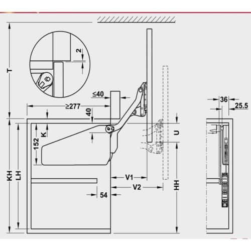 Kích thước bộ tay nâng FREE UP Hafele 493.05.801 nắp xám