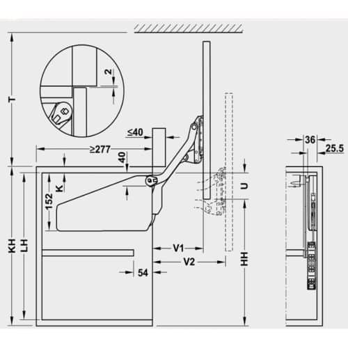 Kích thước bộ tay nâng FREE UP Hafele 493.05.803 nắp xám