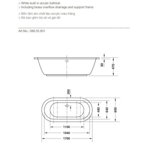 Kích thước bồn tắm âm Hafele 588.55.601