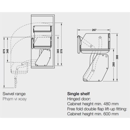 Kích thước kệ nâng hạ cho tủ bếp rộng 600mm, 1 khay, Hafele 504.68.913