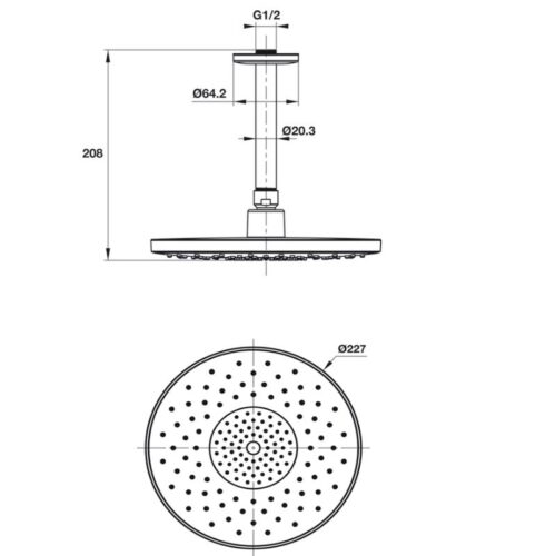 Kích thước sen đầu gắn trần Airsense 227R Hafele 485.60.617