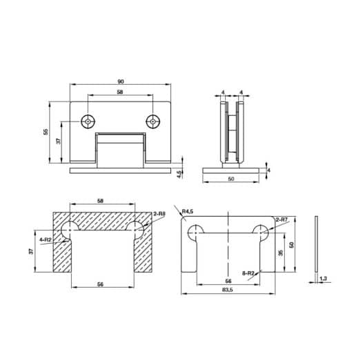Kích thước bản lề kính-tường 90 độ Bauma 981.77.945