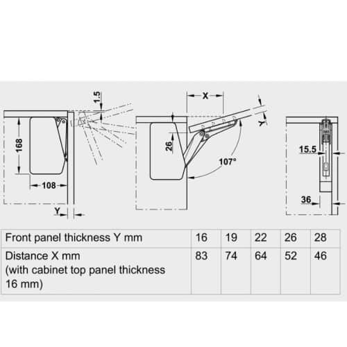 Kích thước bộ tay nâng FREE UP E Hafele 372.29.707 nắp trắng