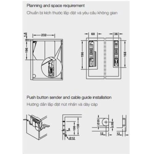 Bộ tay nâng FREE FLAP 1.7E Hafele 372.29.701 nắp xám 5 Kích thước bộ tay nâng FREE FLAP 1.7E Hafele 372.29.701 nắp xám