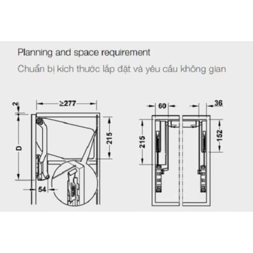Bộ tay nâng FREE UP E Hafele 372.29.708 nắp trắng 3 Kích thước bộ tay nâng FREE UP E Hafele 372.29.708 nắp trắng