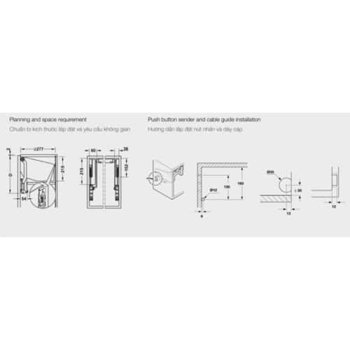 Kích thước bộ tay nâng FREE UP E Hafele 372.29.713 nắp xám