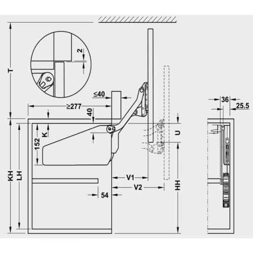Kích thước bộ tay nâng FREE UP Hafele 493.05.804 nắp xám