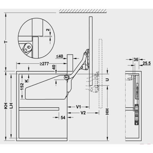 Kích thước bộ tay nâng FREE UP Hafele 493.05.805 nắp xám