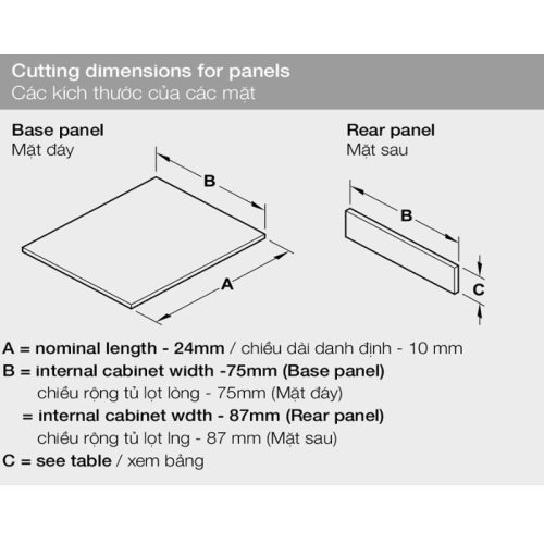 Ray hộp Hafele 552.79.785 Alto B199 500mm trắng, nắp kim loại 4 Kích thước ray hộp Hafele 552.79.785 Alto B199 500mm trắng, nắp kim loại