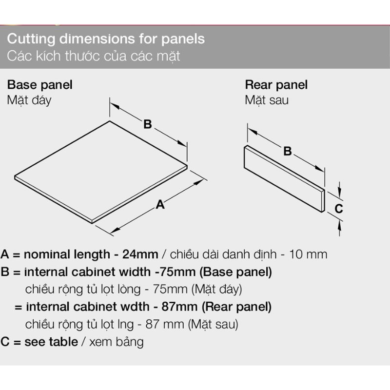 Kích thước ray hộp Hafele 552.77.085 Alto màu xám, H135X500m Kích thước ray hộp Hafele 552.77.085 Alto màu xám, H135X500m