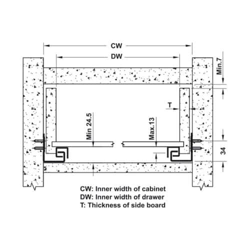 Ray âm giảm chấn EPC EVO mở 3/4 400mm Hafele 433.32.503 3 Kích thước ray âm giảm chấn EPC EVO mở 3/4 400mm Hafele 433.32.503
