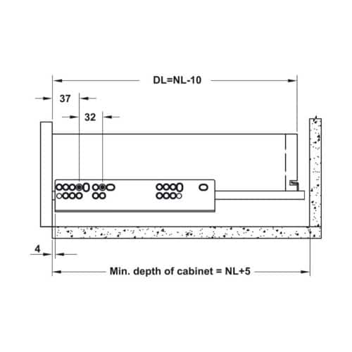 Ray âm giảm chấn EPC EVO mở 3/4 450mm Hafele 433.32.504 5 Kích thước ray âm giảm chấn EPC EVO mở 3/4 450mm Hafele 433.32.504