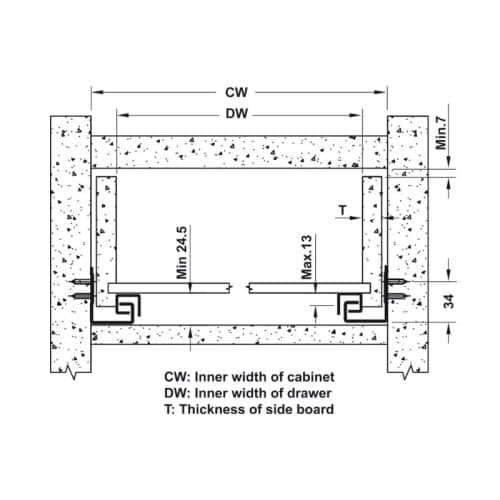 Kích thước ray âm giảm chấn EPC EVO mở 3/4 550mm Hafele 433.32.506