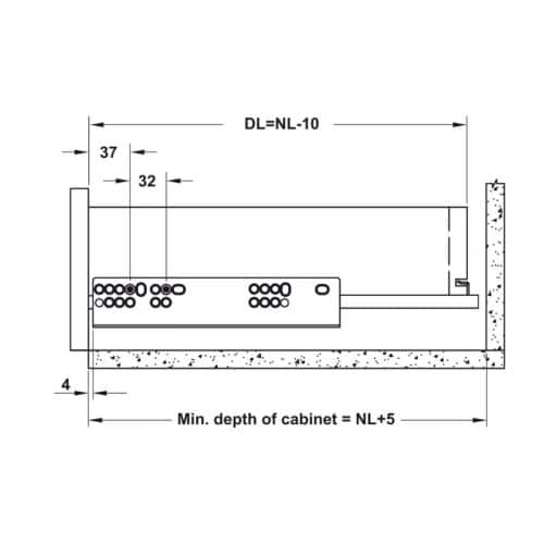 Kích thước ray âm giảm chấn EPC EVO mở 3/4 550mm Hafele 433.32.506