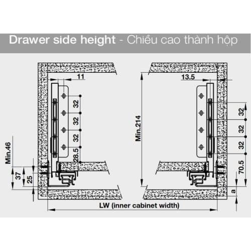 Ray hộp Alto-S chiều cao 170mm Hafele 552.35.385 3 Kích thước ray hộp Alto-S chiều cao 170mm Hafele 552.35.385