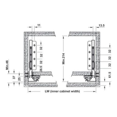 Ray hộp Alto-S chiều cao 170mm Hafele 552.35.785 3 Kích thước ray hộp Alto-S chiều cao 170mm Hafele 552.35.785