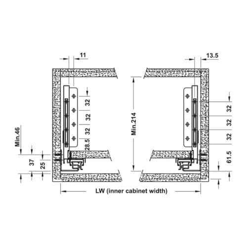 Ray hộp Alto-S chiều cao 170mm với thanh vuông Hafele 552.55.725 3 Kích thước ray hộp Alto-S chiều cao 170mm với thanh vuông Hafele 552.55.725