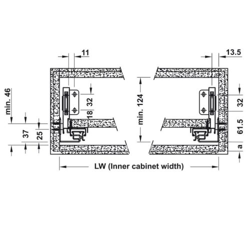 Kích thước ray hộp Hafele 552.55.318