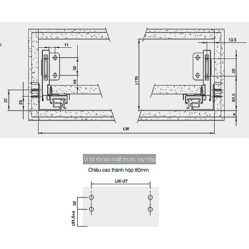 Ray hộp Hafele 552.55.716 Alto-S H80 mm màu trắng mờ 8 Kích thước ray hộp Hafele 552.55.716 Alto-S H80 mm màu trắng mờ