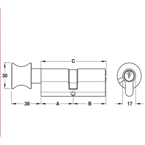Kích thước ruột khóa 1 đầu chìa, 1 đầu vặn Hafele 916.96.317, 71mm Đồng thau