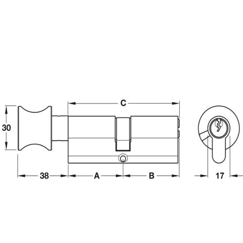 Kích thước ruột khóa 1 đầu chìa 1 đầu vặn Hafele 916.96.325, 71mm Đồng thau