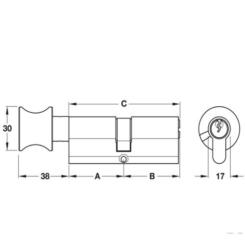 Kích thước ruột khóa 1 đầu chìa, 1 đầu vặn Hafele 916.96.662, 60mm Đồng thau