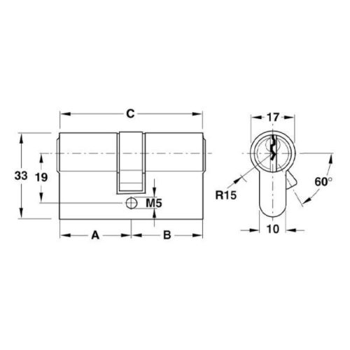 Kích thước ruột khóa 2 đầu Hafele 916.08.280, 63mm Đồng thau