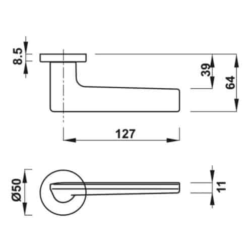 Kích thước tay nắm gạt có nắp che T2 Hafele 901.99.576
