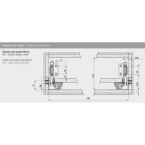 Ray hộp Hafele 552.55.706 Alto-S H80 mm màu trắng mờ 6 Lắp đặt ray hộp Hafele 552.55.706 Alto-S H80 mm màu trắng mờ