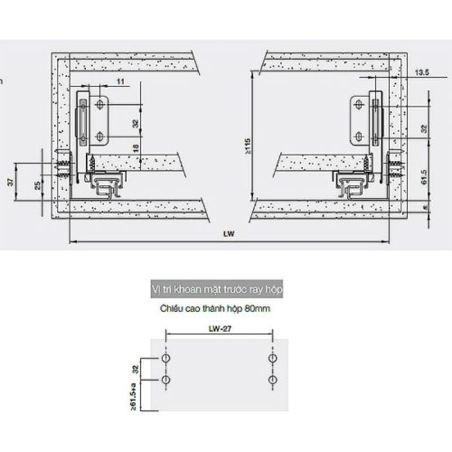 Ray hộp Hafele 552.55.716 Alto-S H80 mm màu trắng mờ 6 Lắp đặt ray hộp Hafele 552.55.716 Alto-S H80 mm màu trắng mờ