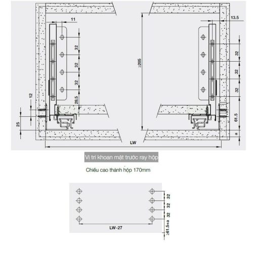 Ray hộp Hafele 552.35.755 Alto S PTO trắng mờ H170/500mm 5 Lắp đặt ray hộp Hafele 552.35.755 Alto S PTO trắng mờ H170/500mm