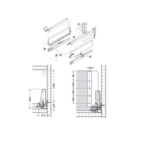 Ray hộp Hafele 550.85.365 Antaro X2 giảm chấn đen 30kg C 196mm 5 Kích thước Ray hộp Hafele 550.85.365