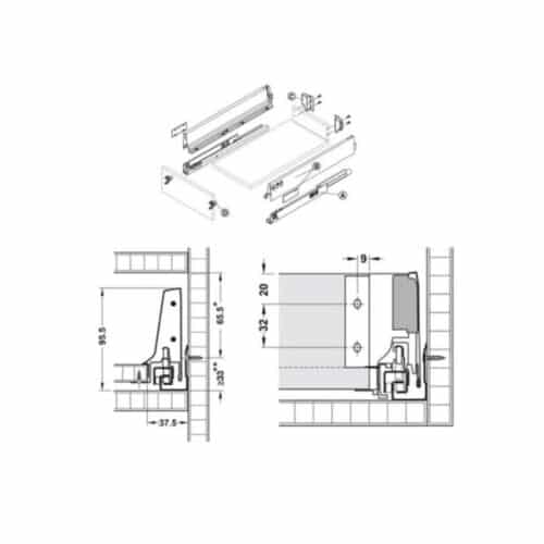 Kích thước Ray hộp Hafele TANDEMBOX Intivo X1 Hafele 553.84.335 giảm chấn màu đen