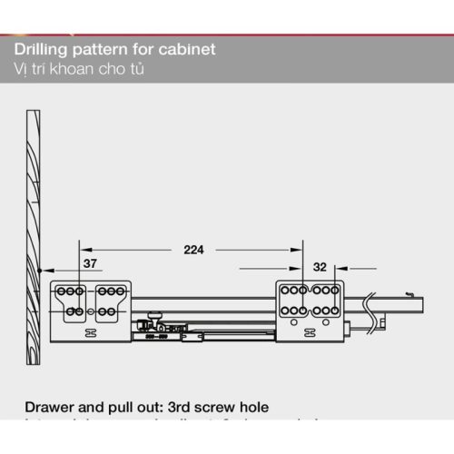 Ray hộp Hafele 552.77.085 Alto màu xám, H135X500m 5 Vị trí khoan ray hộp Hafele 552.77.085 Alto màu xám, H135X500m